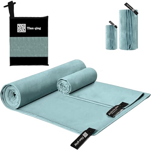 Tian qing Microfiber Towel Set, 2 Pieces, Fast Drying, Soft Touch, Lightweight, Multiple Sizes for Beach, Camping, Gym,Hiking,Yoga,Swimming,Travel (Wathet, Medium)