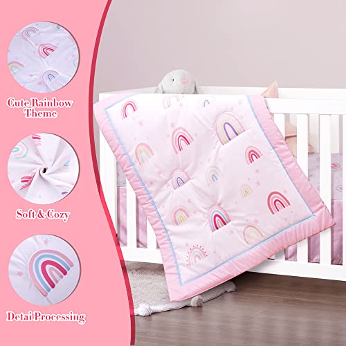 Cloele Baby Girl Crib Bedding Set 4 Piece Rainbow Baby Comforter Bed Set Includes Crib Skirt Crib Quilt Fitted Sheet Toddler Pillowcase - Pink Soft Nursery Bedding Set For Girls #TOP2