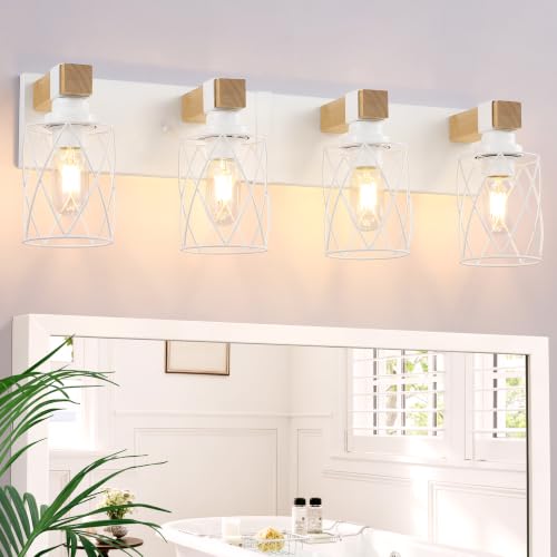 Image of Farmhouse 4-Light Wood Bathroom Vanity Light, White Metal Cage Shade
