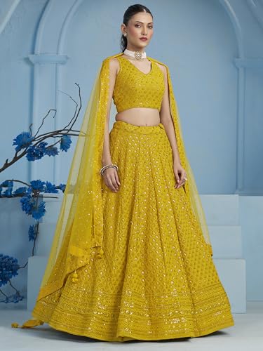 Image of Zeel Clothing Women's Sequins Thread Embroidered Georgette Lehenga Choli With Dupatta (5124-Women-Lehenga-Choli-New; Free size)