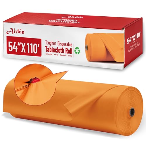 Image of Plastic Table Cloth, 110 Ft X 54 in Disposable Tablecloth Orange Tablecloth Premium PEVA Plastic Table Cloth Disposable with Any Cut Sliding Cutters for Picnics, Parties, Birthdays, Festivals