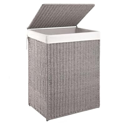 OIAHOMY Laundry Hamper with Lid, 23.8 Gal (90L) Wicker Hamper with Removable Liner Bags, Handwoven Clothes Basket with Handles, Foldable Woven Paper Rope Basket for Laundry Room, Bedroom-Grey