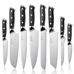 SENKEN 8-piece Full-Tang Japanese Kitchen Knife Set with Smooth Satin Finish – The Emperor Collection – Chef’s Knife, Santoku Knife, Bread Knife, Paring Knife & More, Triple Riveted Black Wood Handles
