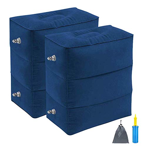 Preisvergleich Produktbild Reise-Fußstützenkissen, tragbar, aufblasbar, mit doppelter Handpumpe, verstellbar, dreilagig, für Fußstütze im Flugzeug, Auto, Bus, Züge, Büro Kinder zum Schlafen Schwarz Blau, 2 Stück Large
