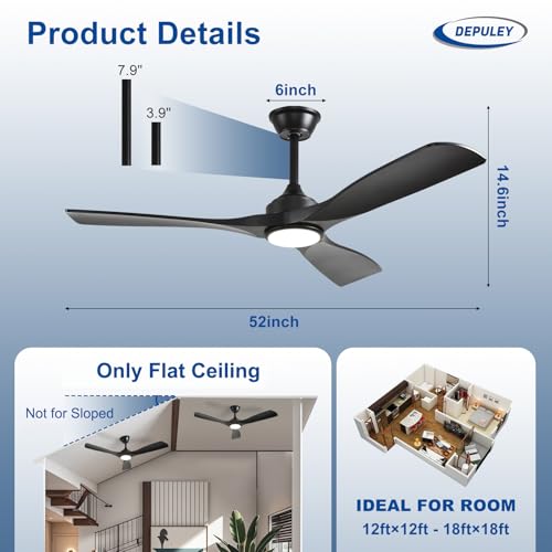 Image of Depuley 52-Inch Ceiling Fan with Light: Black 3 Blade Outdoor Fans for Patios - Dimmable Indoor Fan with Remote Control Living Room Fandelier Ceiling Fans Ultra Quiet DC Motor Reversible 6 Speed Timer