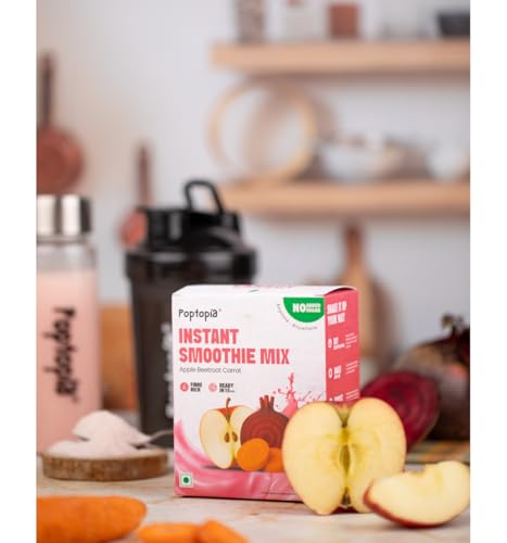 Image of Poptopia Apple Beetroot Carrot Smoothie Mix | Smoothie CHAMP | No Added Preservatives or Colors | A Quick, Nutritious, and Delicious drink | All Natural, 0% Sugar | Pack of 5 = 125gms = ~1Litre Fresh Smoothie | Ready in 15 seconds | 100% Vegan & Gluten free