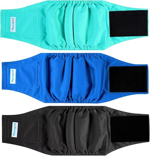 Image of Paw Legend Washable Dog Belly Band Wrap Diapers for Male Dog | High Absorbing Puppy & Doggy Diapers Male (3 Pack,Blue,Aqua,Black,Small)
