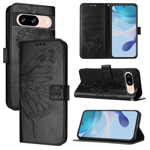 Étui portefeuille Google Pixel 9 antichoc en cuir noir porte-carte papillon