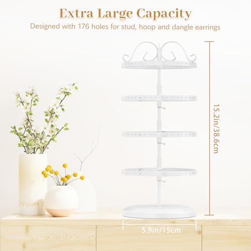 Image of MODOWEY 4 Tiers Metal Rotating Earring Holder Organizer Stand Adjustable Display Tree, 176 Holes Large Carousel Rack for Stud Hoop Pierced Dangling Women, Idear View for All Earrings, White
