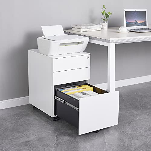 3 Drawer Locking File Cabinet, Rolling Pedestal Under Desk Office, Metal White Filing Cabinet With Lock For Home/Office Letter/Legal/A4 (White + Metal) #TOP6