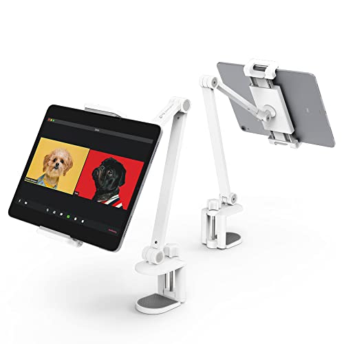 Image of iPad Desk Mount, Adjustable Tablet Holder Clamp, 360 degree Rotation, Sturdy Aluminum Tablet Arm Mount for 4.7 inch-13 inch iPad Pro /Air /Mini, iPhone, Galaxy Tab, for Kitchen, Work, Video Call(White)