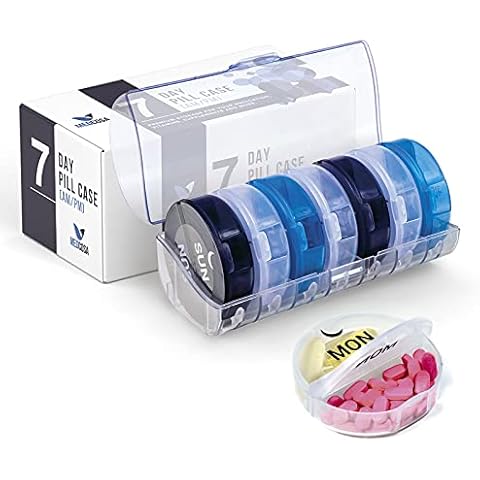 Medcosa 7 Days Rounded Pill Case | Ordering Your Week, So You Don’t Have to | Round Daily Medicine Organizer | Supplement Box with 14 Compartments Cover