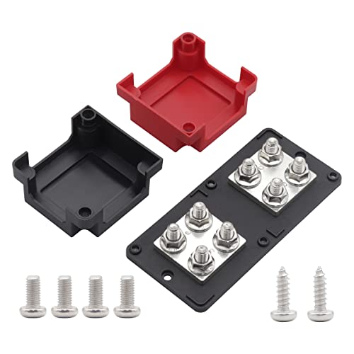 Gloaso Caja de Barra colectora de 400 amp Bus Bar Módulo de Cobre para Servicio Pesado con terminales de espárragos de 8 x 3/8" (M10) Bloque de distribución de batería 48V CC Negro y Rojo Cubierta Cover