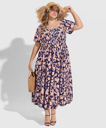 Image of RITERA Plus Size Dresses for Curvy Women Square Neck Short Sleeve Summer Floral Smocked Maxi Dress with Pocket XL-5XL