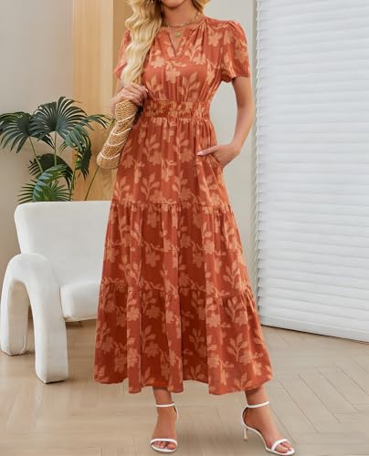 Image of Women's Maxi Dresses Boho Burnout V Neck Short Puff Sleeve Smocked Empire Waist Long Wedding Guest Semi Formal Dress Pockets