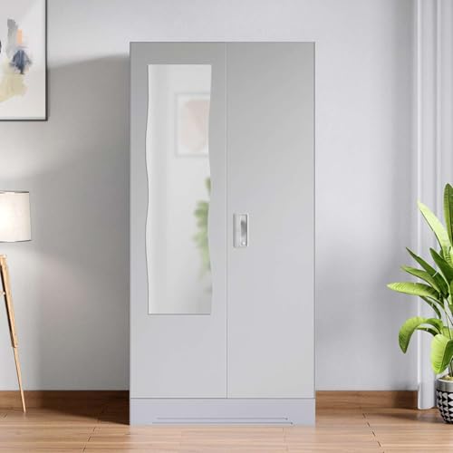 Image of Interio by Godrej Almirah Slimline 2-Door Steel Almirah, Cupboard for Clothes (Royal Ivory), 1-Year Warranty, 1 Locker, 4 Shelves and Curvilinear Mirror