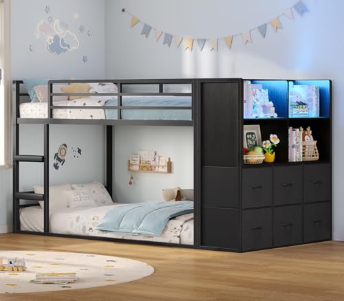 BTHFST Twin Over Twin Bunk Bed with Storage Drawers & Open Storage Shleves with LED Lights, Metal Black Low Bunk Bed Safety Ladder and 13.4