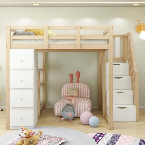 Crlnaup Cama alta de 140 x 200 cm con cajón de almacenamiento, cómoda con estantes, escalera de seguridad con cajones de almacenamiento, cama multifuncional de madera maciza, color madera