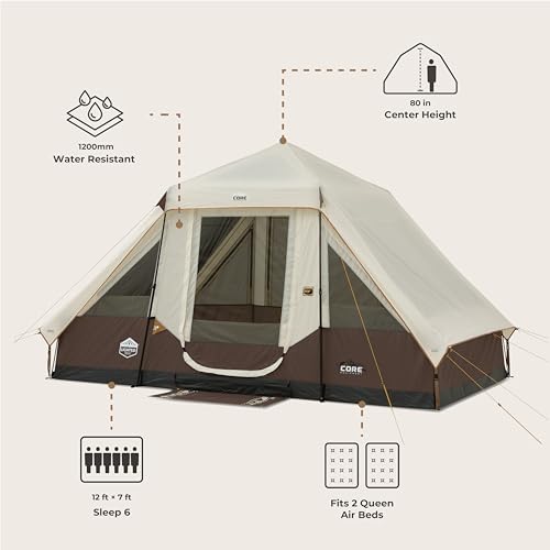 CORE Carpa Instantánea Cabin con Luces LED | Carpa Pop Up Grande para 6 Personas con Bolsas de Almacenamiento para Camping y Aventuras al Aire Libre miniatura 3