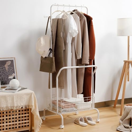 Perchero de metal multifuncional con cesta de almacenamiento, diseño de doble barra, ruedas universales, elegante colgador de suelo para hogar y oficina