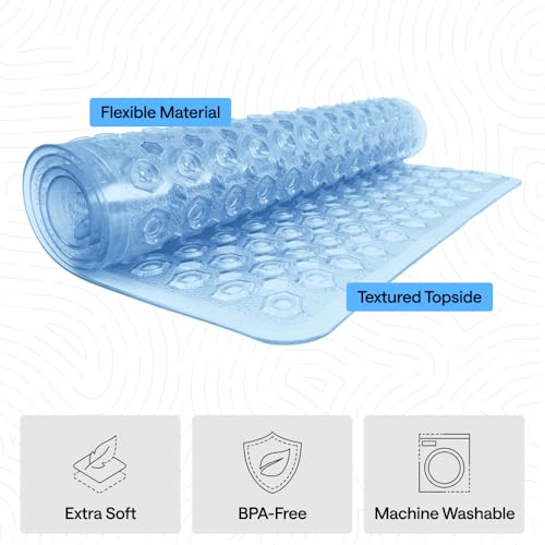 Image of GORILLA GRIP Patented Bath Tub Shower Mat, Machine Washable Bathtub Floor Liner Mats, Suction Cups and Drain Holes to Keep Tubs Clean, Soft on Feet, Bathroom Essentials, 35x16 Inch, Clear Blue