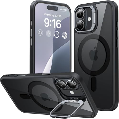 Image of VONZEE Clear Camera Kickstand Case for iPhone 16, Built-in Adjustable Camera Stand, Clear Magnetic Mag-Safe Shockproof Classic Series Phone Cover (Black)