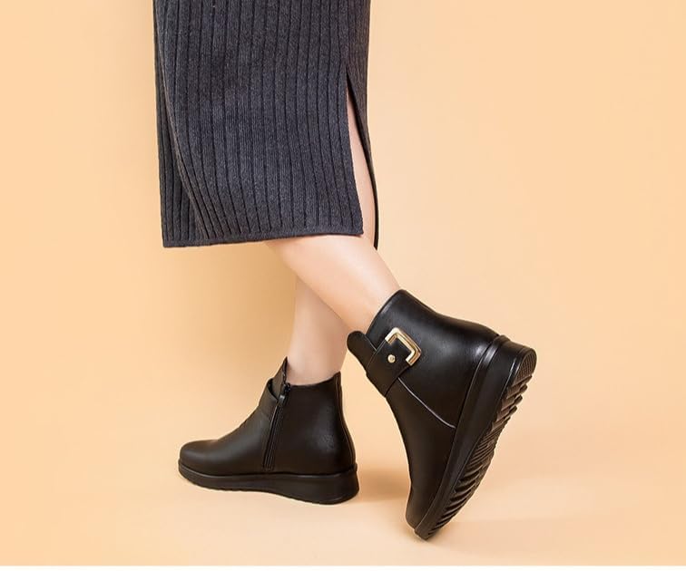 Women's Metal Buckle Leather Wool Orthopedic Boots,Winter Warm Slip On Fur Lined Snow Boots with Side Zipper