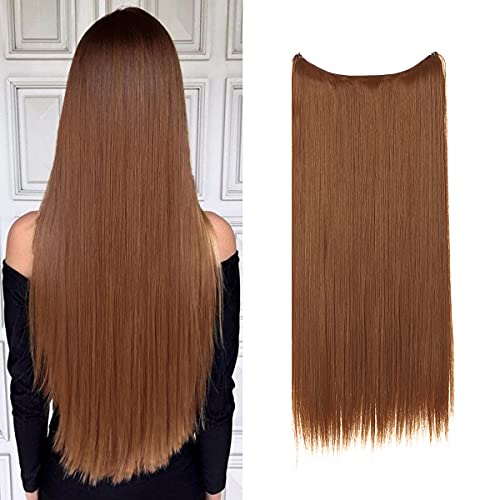 Synthetic Halo Hair Extensions Light Golden Brown Long Straight Hairpieces 22 Inch 4.2 Oz Secret Wire Headband for Women Heat Resistant Fiber No Clip SARLA