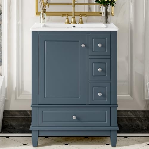 Image of Bellemave Bathroom Vanity with Ceramic Sink & 3 Drawers, 24 inch Bathroom Cabinet with Storage Shelves & Solid Wood Base, Freestanding Vanity Cabinet with Organizer (Blue Gray /24)