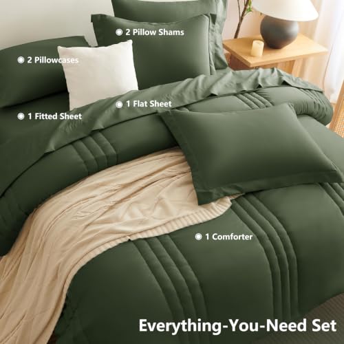 Image of CozyLux Oversized Queen Comforter Set Olive Green - 7 Pieces Bed in a Bag, Modern Vertical Quilted Room Decor, Soft All-Season Bedding Gift with Comforter, Sheets, Pillowcases & Shams
