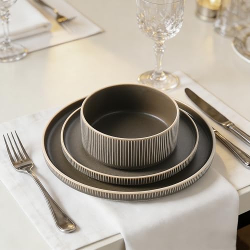 Image of Stoneware Dinnerware Sets for 4, 12Pcs Plates and Bowls Set, Matte Green