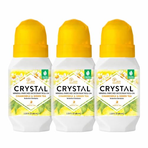 CRYSTAL Mineral Deodorant Roll-On- Body Deodorant With 24-Hour Odor Protection, Non-Staining & Non-Sticky Deodorant with Chamomile & Green Tea, Aluminium Chloride & Paraben Free, 2.25 FL OZ - 3 Pack