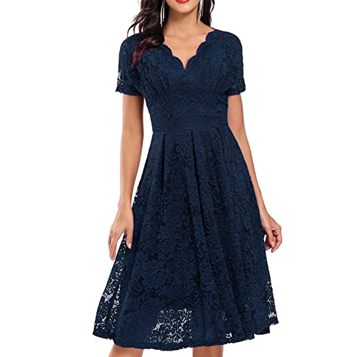 Graceyo Damen Spitzenkleid Abendkleid Hohe Taille Kurzarm V-Ausschnitt Cocktailkleid Vintage Retro A-Linie Festliche Party Ball Kleider Elegant...
