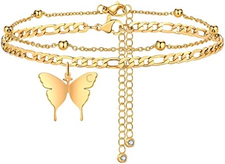 2 Pieces Ankle Bracelets for Women, Butterfly Initial Ankle Chain Double Layer Adjustable Gold Anklets, Letter Beaded Anklet Summer Foot Chain Anniversary Birthday Jewelry Gift for Her Girlfriend Wife