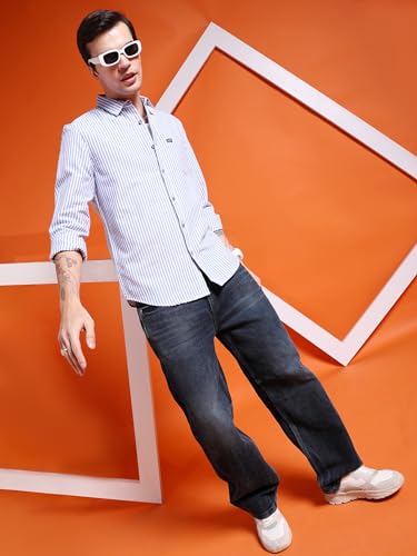 Image of The Indian Garage Co Men Slim Fit Striped Full Sleeves Cutaway Collar Casual Shirt
