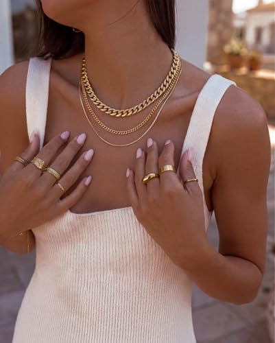 Image of Freekiss Layered Necklace Set for Women Stackable | Herringbone Snake Cuban Rope Chain, Dainty Choker, Layered Stackable, Non Tarnish, Hypoallergenic, Adjustable 14-18.5 inch