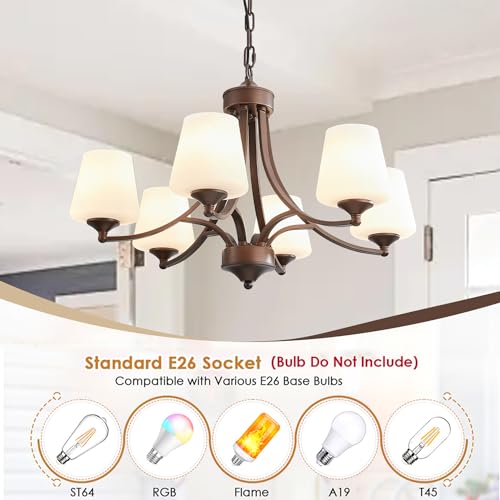 Image of 6-Light Farmhouse Chandelier Oil Rubbed Bronze Pendant Light Fixture with Frosted Glass, Rustic Ceiling Lighting Modern Hanging Lamp for Dining Room Living Room Bedroom, 47.2 inch Height Adjustable