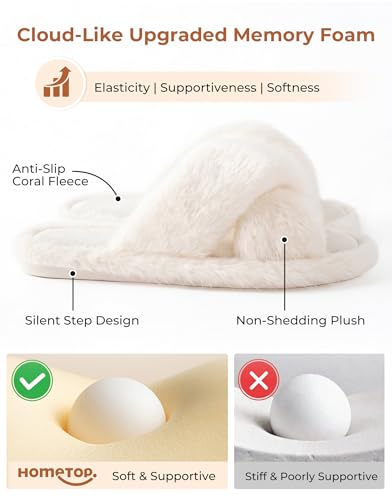 Image of HomeTop Fluffy Slippers for Women Cross Band Soft Plush Indoor House Shoes