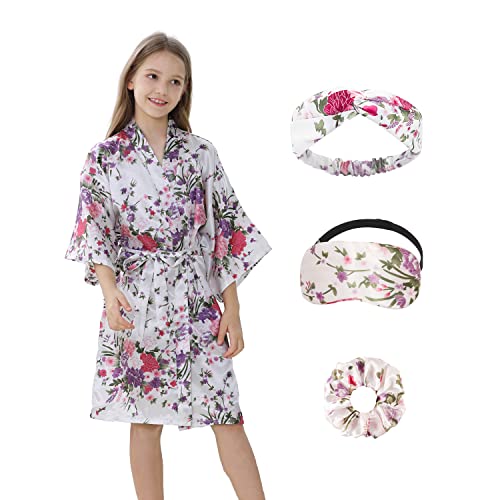 Kids Girls Robes Silky Satin Knee-Length Kimono Robe Set Birthday Spa Bridal Party Flower Girl Blossoms Pattern Lounge Sleepwear (White, Tag 8) #TOP5