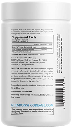 Codeage Grass Fed Beef Thymus Supplement Superfood, Freeze Dried, Non-Defatted, Desiccated Thymus & Liver Pills, Glandulars Meat, Pasture Raised Beef Vitamins, Non-Gmo, 180 Capsules #TOP7