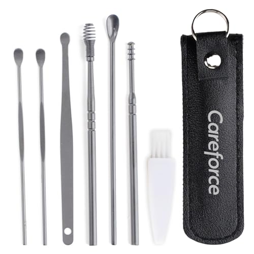 Image of Careforce Ear Wax Cleaner - Resuable Ear Cleaner Tool Set with Storage Pack - Ear Wax Remover Tool Kit with Ear Curette Cleaner and Spring Ear Buds Cleaner 6 Pcs Set Silver