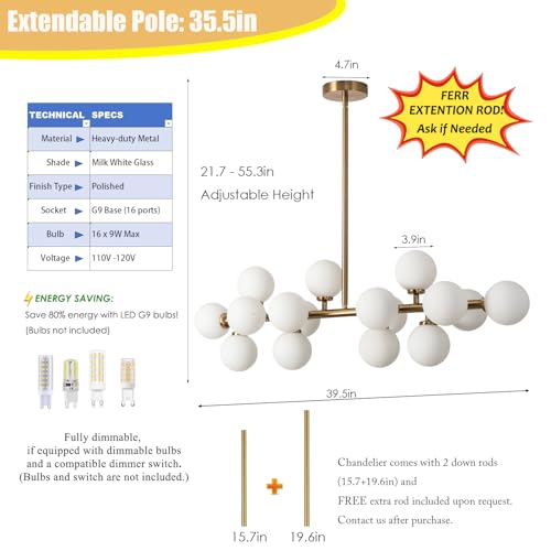 APLampara Mid Century Modern Chandelier Gold Linear Sputnik Chandeliers 16-Light Rectangular Pendant Lighting Fixture for Dining Room, Ki...