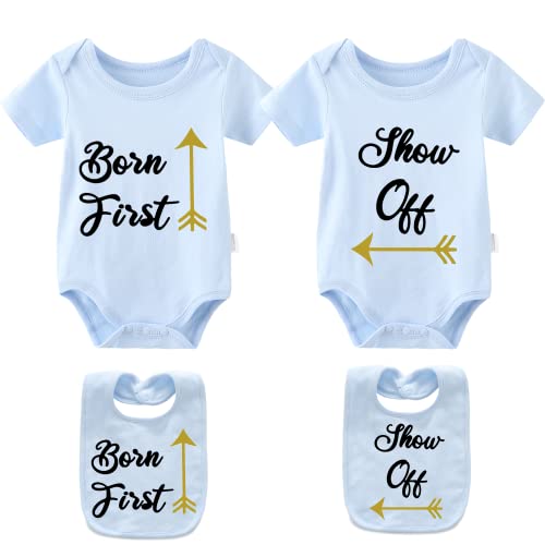 Ysculbutol Baby Twins Bodysuits Shirt Born First Show Off Baby Twins Outfit Baby Boy Clothes Newborn Gift, Blue Born, 0-3 Months
