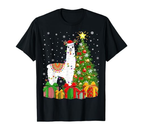 Llama Xmas Tree Lighting Santa Hat Llama Christmas T-Shirt