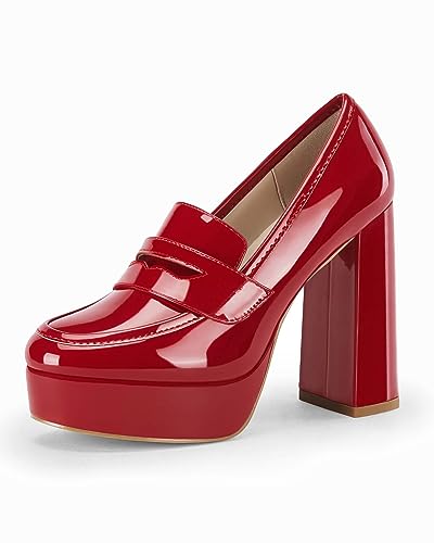 Image of Coutgo Womens Platform Heels Loafers Chunky High Heel Closed Toe Patent Leather Shoes Penny Loafer Business Dress Work Pumps