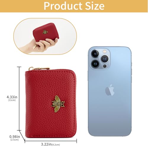 Image of WOZEAH Leather Credit Card Holder for Women Wallet RFID Blocking Zipper Wallet Card Case Business(Red)