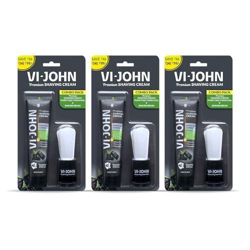 VI-JOHN Dermatologically Tested Purifying Charcoal Premium Shaving Cream With Shaving Brush Enriched With Aloevera & Jojoba Oil From Paraben-70g- Pack