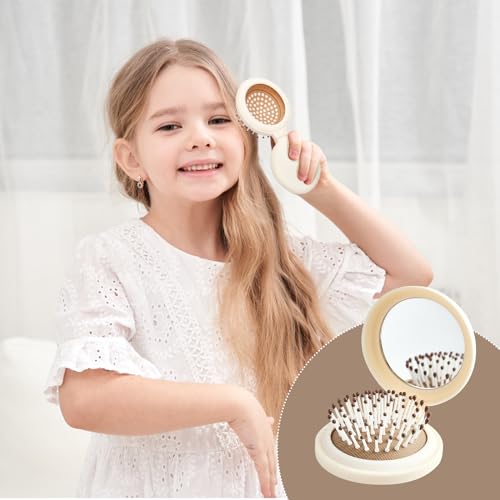 RHOS Compact Foldable Hair Brush with Mirror for Women, Men & Kids - Small Pocket & Portable Travel Brush (Beige)