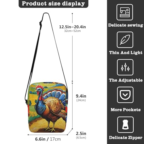 Crossbody Sling Bag for Women Men, Zipper Closure Messenger Bags Turkey Abstract Artist Print with Card Phone Passport Compartment 6.6×9.4×2.5 IN3