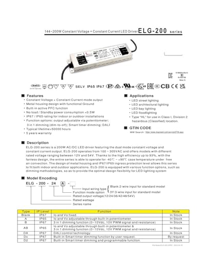 Bloc d'alimentation étanche ELG-200-A avec boîtier thermo-dissipateur 200W - 3